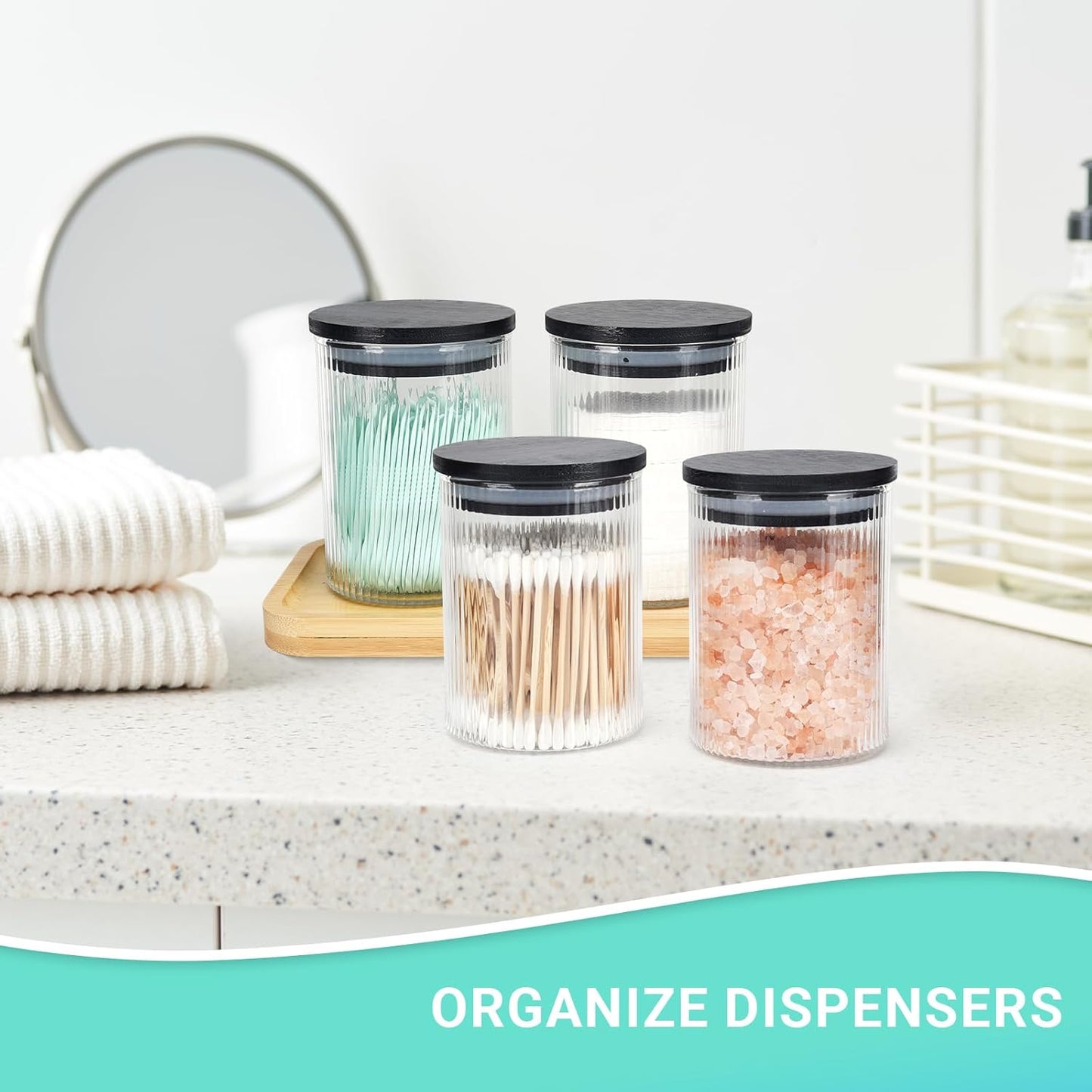2 Pack Ribbed Glass Qtip Holder Dispenser Set - Apothecary Jars with Lids - Bathroom Canister Storage Organizer and Vanity Makeup Organizer for Cotton Ball, Cotton Swab, Cotton Round Pads,Floss