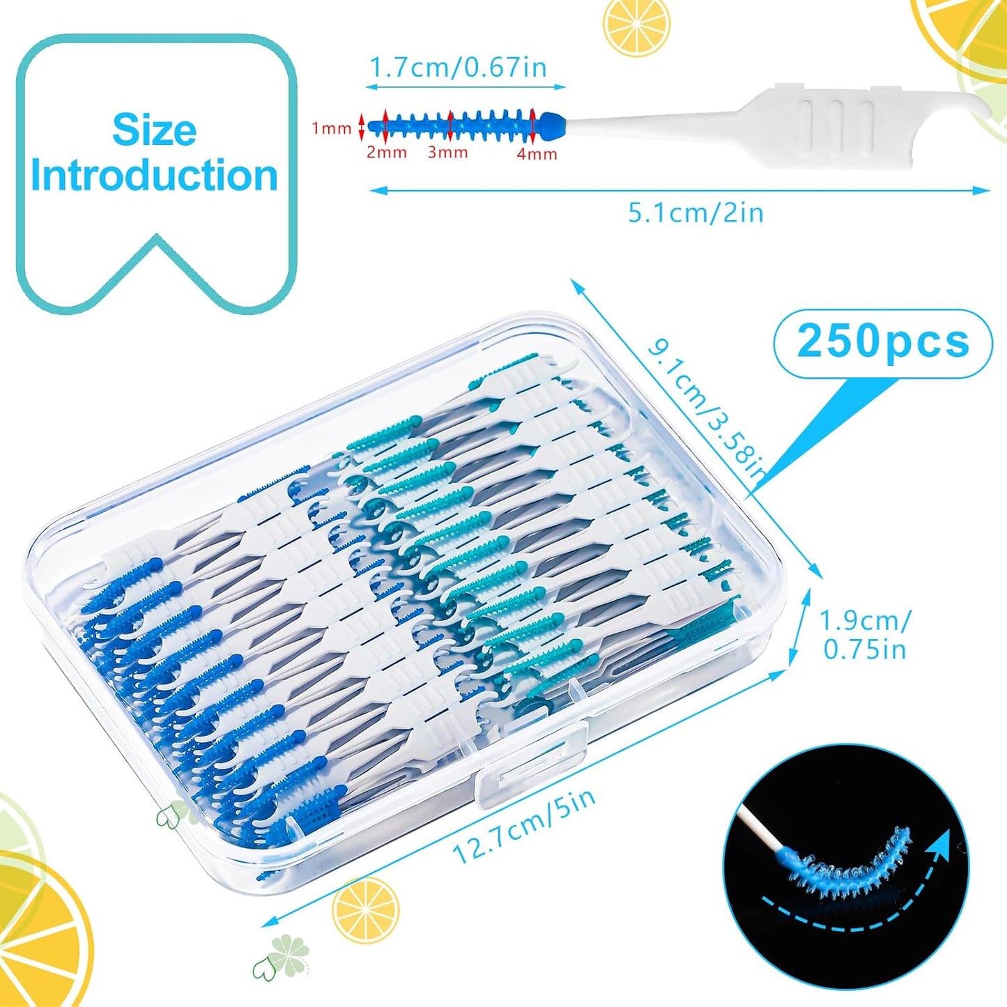 250 Pieces Dental Floss Picks, Silicone Interdental Brushes with Case Dental Brushes Dental Picks Blue Tooth Floss Picks for Teeth Cleaning(Blue,Green)