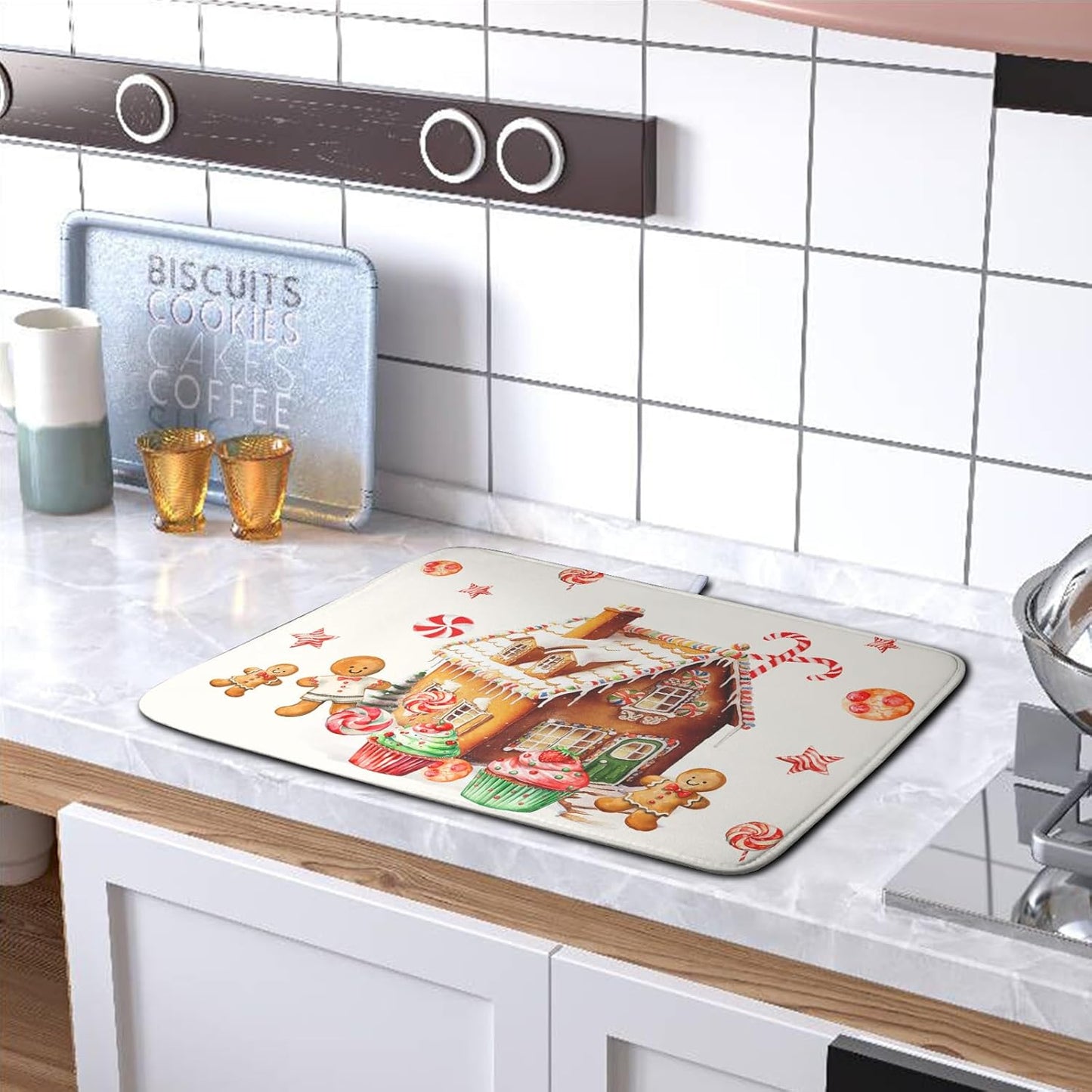 Christmas Dish Drying Mat for Kitchen Counter 16x18 Gingerbread House Man Candy Canes Cookie Cake Drying Mat for Dishes Xmas Winter Holiday Microfiber Drying Pad Dish Drying Pad for Coffee Bar Sink