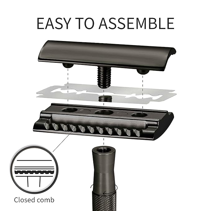 Bambaw Double Edge Safety Razor with 5 Safety Razor Blades, Single Blade Razor for Men with Razor Stand, Double Edge Razor, Safety Razors for Men - Black