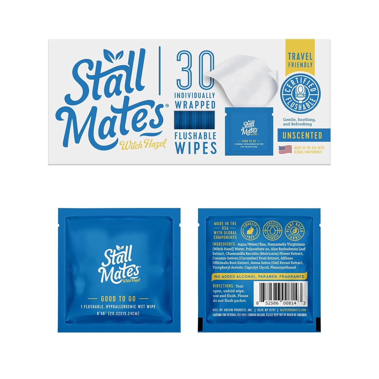 Stall Mates Wipes Witch Hazel: Flushable Wipes | Individually Wrapped | Travel Friendly | Soothing Witch Hazel | Unscented with Cucumber, Aloe and Chamomile | (30 on-the-go singles)