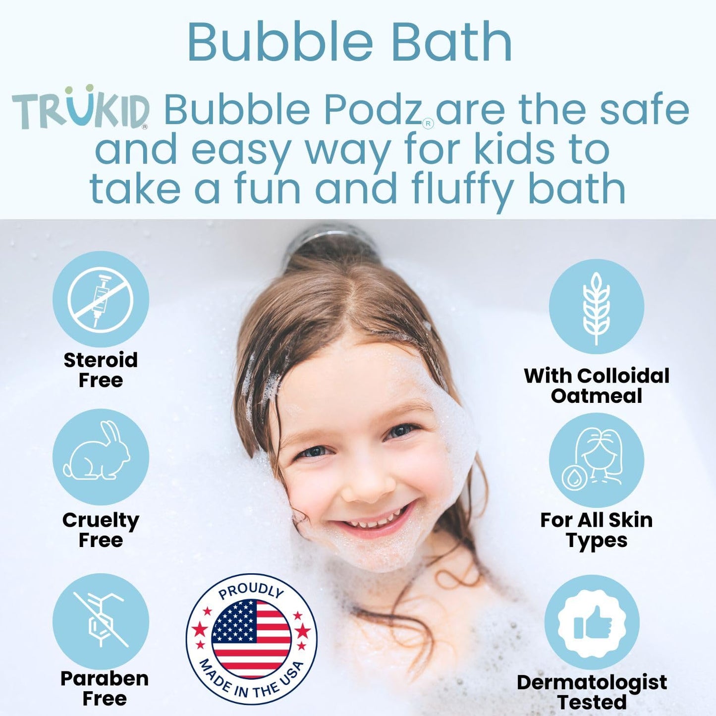 TruKid Bubble Podz Bubble Bath for Kids, Toddlers, & Babies, NEA-Accepted for Eczema, Gentle Refreshing Colloidal Oatmeal Bath Bomb for Sensitive Skin, pH Balanced, Tear Free, Unscented (60 Podz)