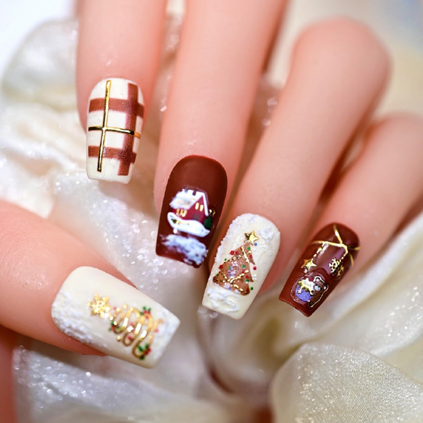 Christmas Nail Stickers for Nail Art Cute Bear Christmas Tree Wreath Glitter Gold Nail Art Stickers 5D Embossed Winter Nail Decals 3D Self-Adhesive Nails Supply Manicure Sliders for Nails Decoration