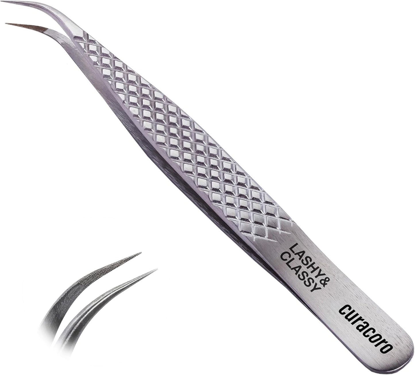 Curacoro Lash Tweezer - Professional & Precision Fiber Tip Grip Lash Tweezers for Eyelash Extensions, Multi Shapes & Purposes Tweezers for Volume, Isolation & Classic Lashes (Silver, Lashy and Classy)