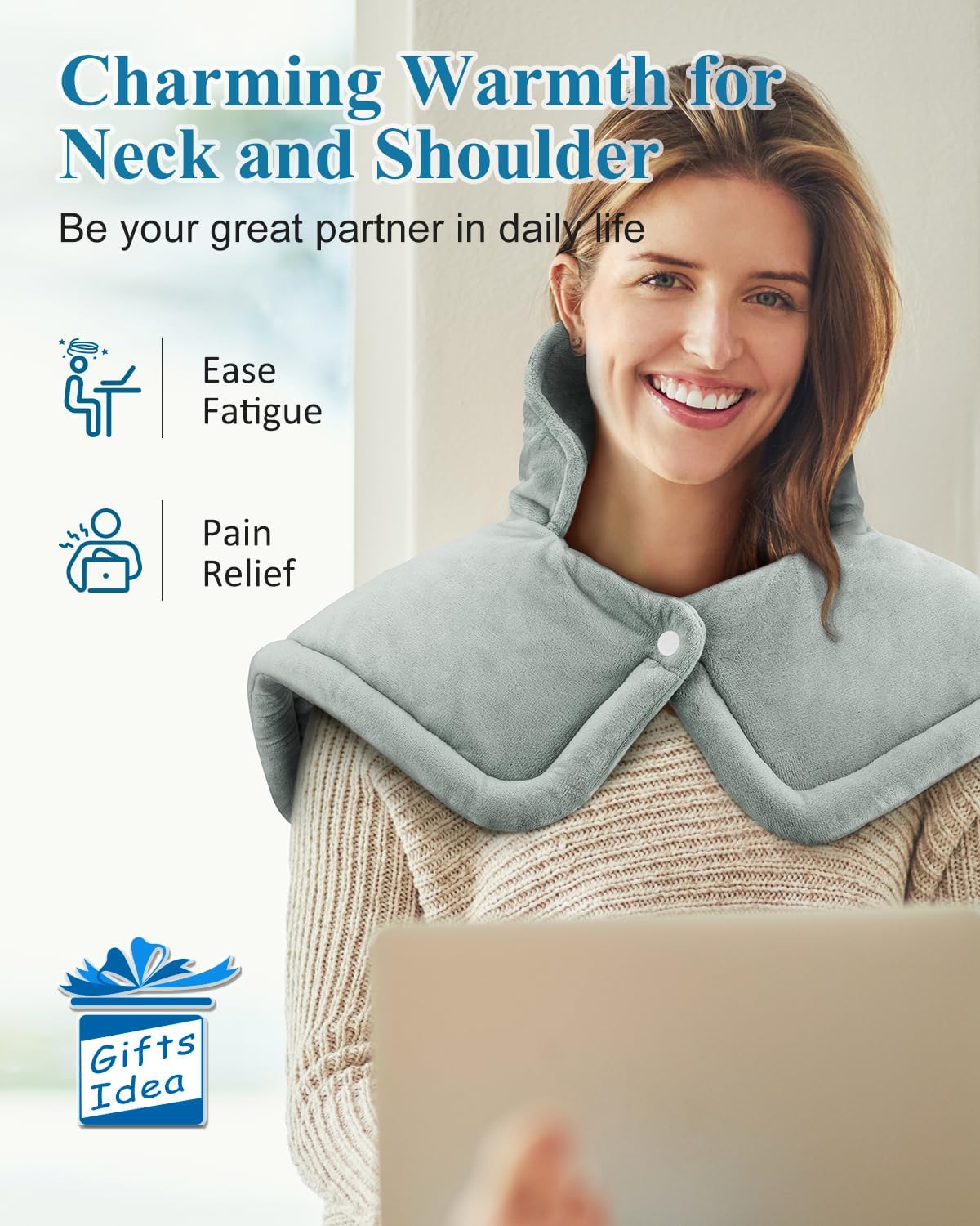 Heating Pad for Neck and Shoulder, Birthday Gifts for Men Women Dad Mom, Electric Weighted Heat Pad for Back Pain Relief, Christmas Gifts, Grey