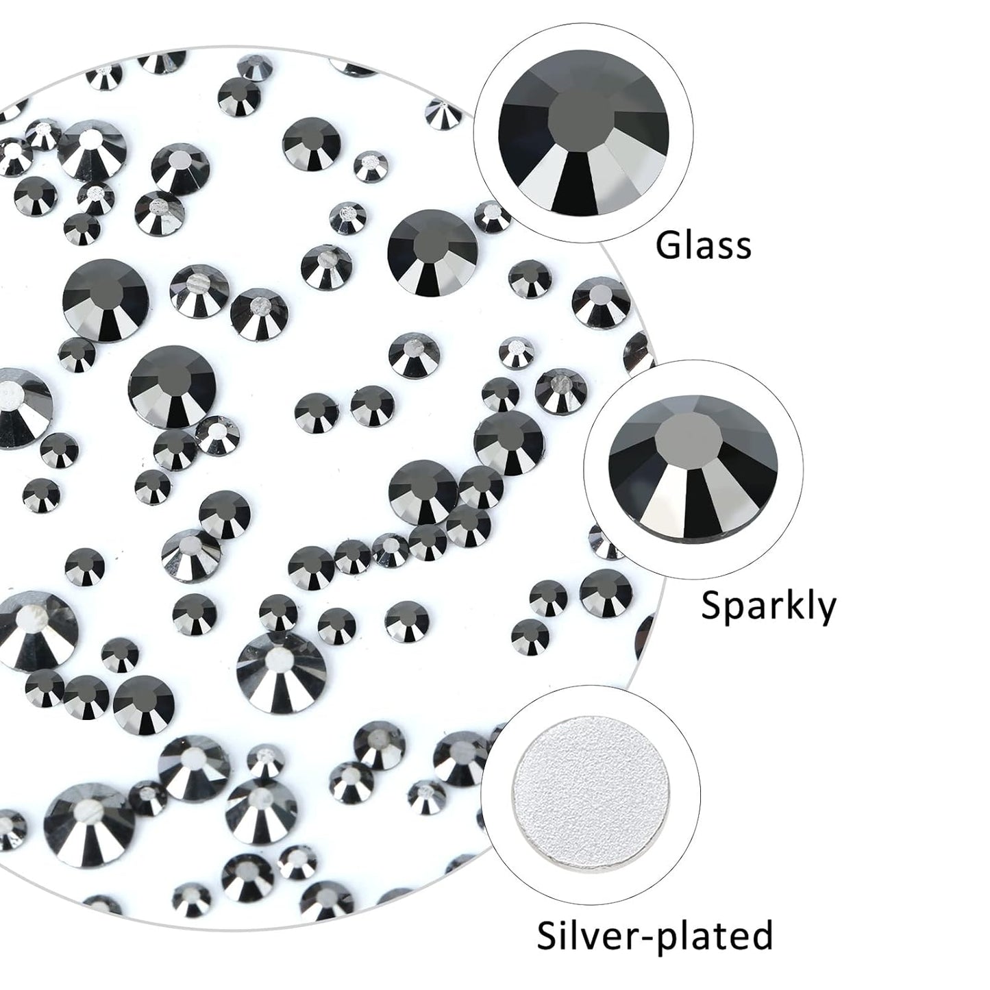 4240Pcs Jet Hematite Flatback Rhinestones 6 Sizes Crystal Diamonds for Nail Art Crafts Clothes Shoes with Tweezers and Picking Pen
