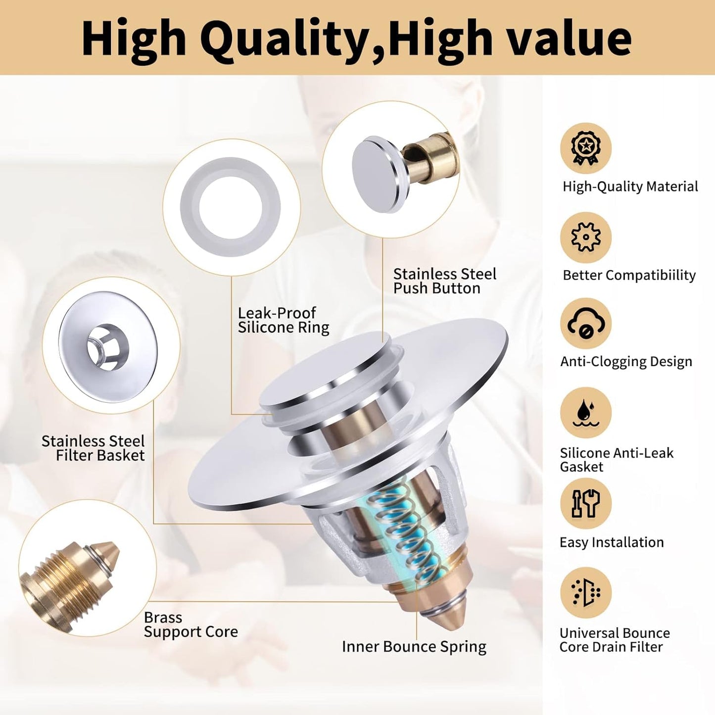 U.S. Standard Bathroom Sink Stopper 1.1"-1.5", Stainless Steel Universal Pop Up Drain Stopper for Bathroom Sink, Universal Drain Filter Drain Plug with Spring Core Push Type Converte