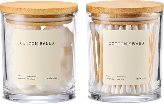 MaisoNovo Qtip Holder Bathroom Set – Airtight Q tip and Cotton Round Holder with Lid to Store Cotton Rounds, Swabs, Floss Picks, Hair Ties with Free Labels Pack - 2 Clear Jars with Bamboo Lids