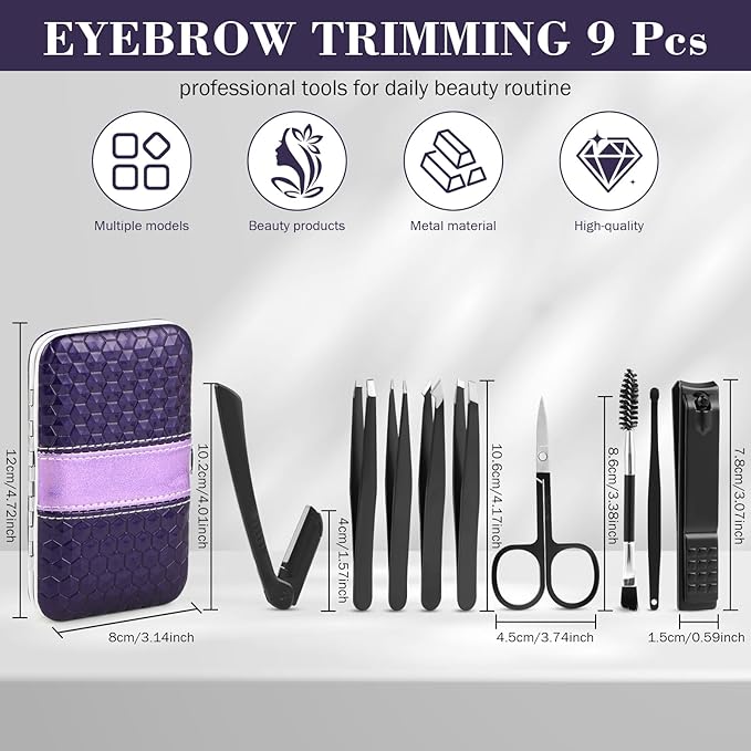 9PCS Tweezers Set for Facial Hair, Precision Tweezer for Eyebrows with Curved Scissor and Eyebrow Razor for Ingrown Hair as Stocking Stuffers Gifts for Women/men