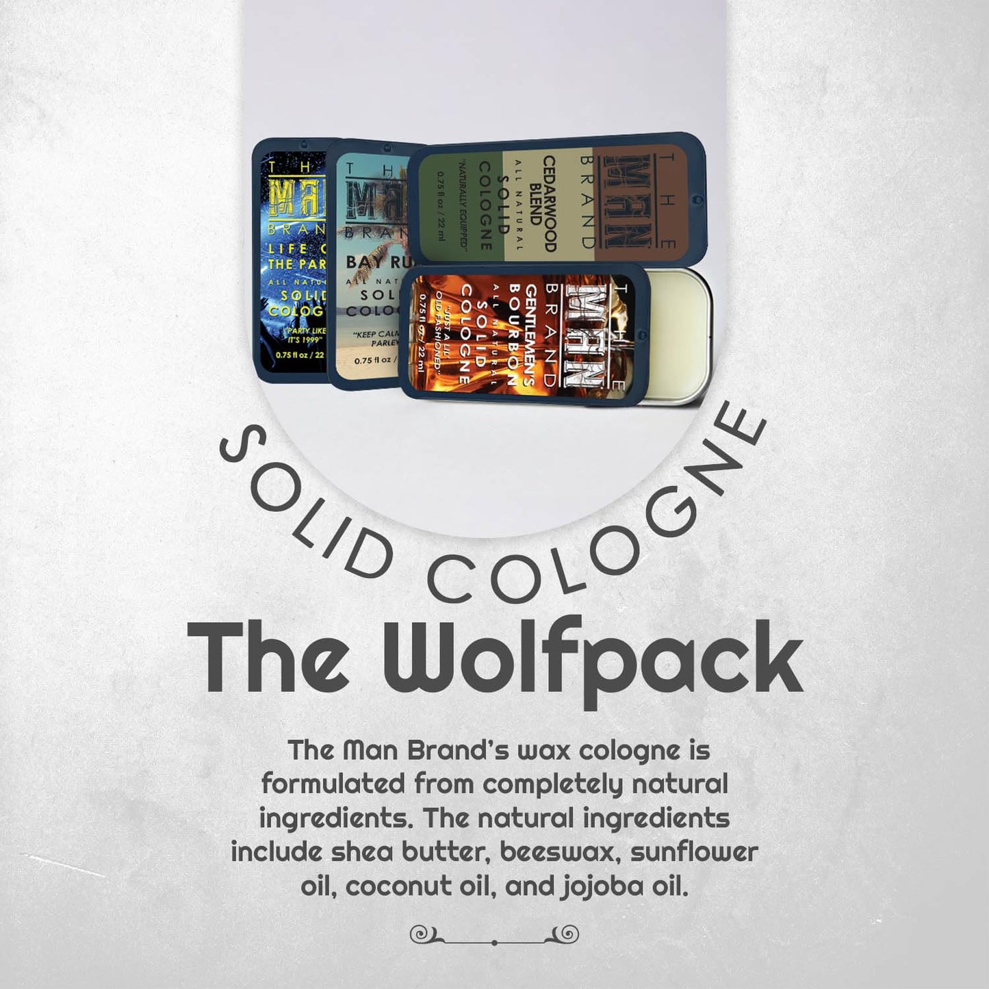 Solid Cologne Set with Bay Rum Solid Cologne, Bourbon Solid Cologne, Woodsman, and Life of the Party Solid Cologne - (Wolfpack Solid Cologne Sampler - 4 Pack - 0.75 oz each)