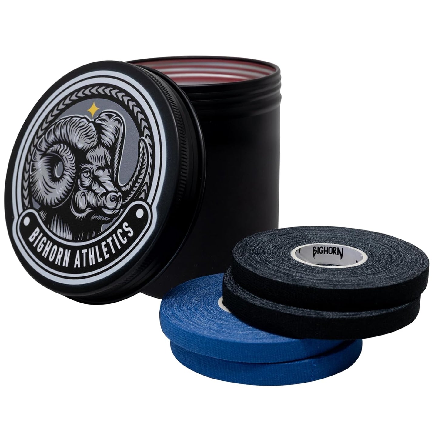 Bighorn Athletics Black Aluminium Tin Can Holder for Athletic Finger Tape, Large | Holds 8-rolls of 0.5-Inch Athletic Finger Tape