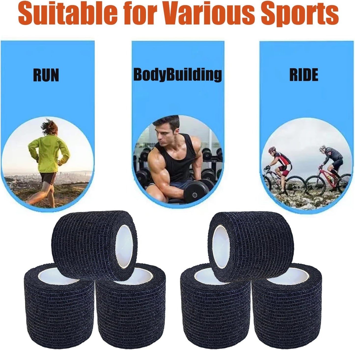 Hysiwen 6 Pack 2" x 5 Yards Self Adhesive Bandage Breathable Cohesive Wrap Self Adherent Vet Tape Self Stick Bandage Wrap for Sports, Athletic, Wrist, Ankle(Black)