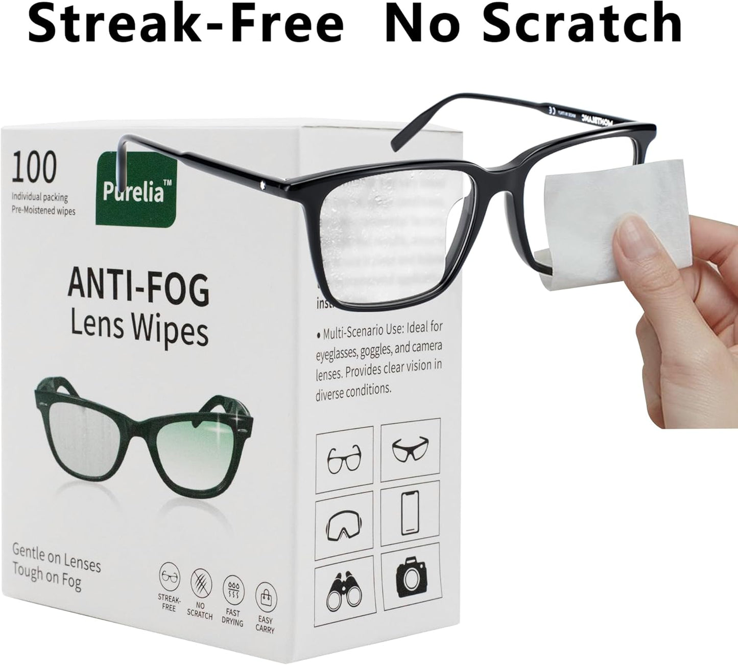 Anti-Fog Lens Wipes,100 Count, Quick-Clean Lens Cloths for Eyeglasses, Goggles, Screens, Portable Individually Wrapped Sheets, Pre-Moistened Cleaning Wipes for Eyeglasses