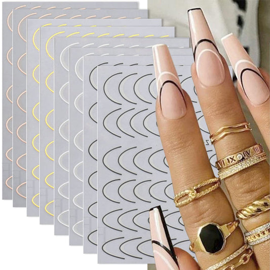 350+ Pcs French Tips Nail Stickers Decals, 8 Sheets Self-Adhesive Exquisite Noble Gold Silver Black Rose GoldFrench Manicure Nail Decals for Women Girls Beginners (U-Shaped)