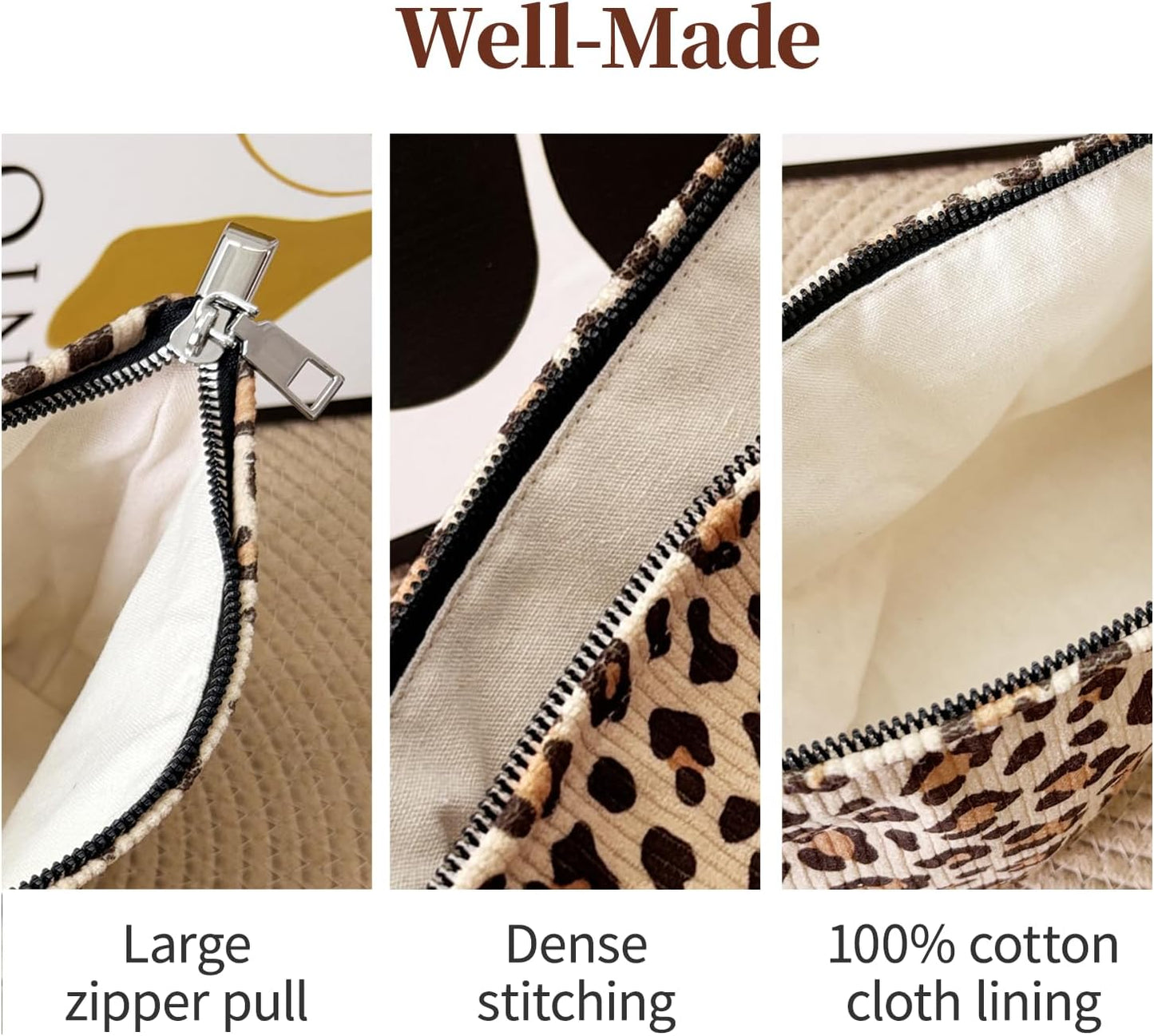 Leopard Print Corduroy Makeup Bag for Women – Soft Cosmetic Travel Pouch with Zipper Closure, Large Toiletry Organizer with Lining, Stylish Animal Print Makeup Case for Purse or Travel