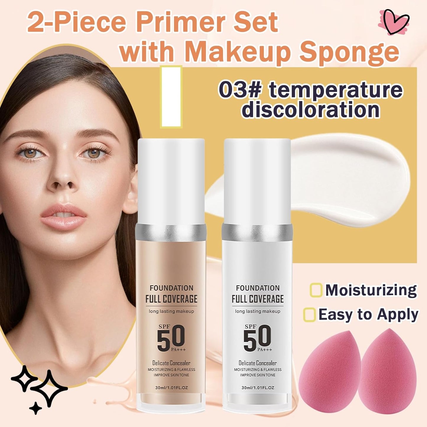 Color Changing & Natural Foundation with 2 Makeup Sponges, Moisturizing Full Coverage Liquid Foundation, Non-greasy Long Lasting Flawless Concealer Cream Makeup Set