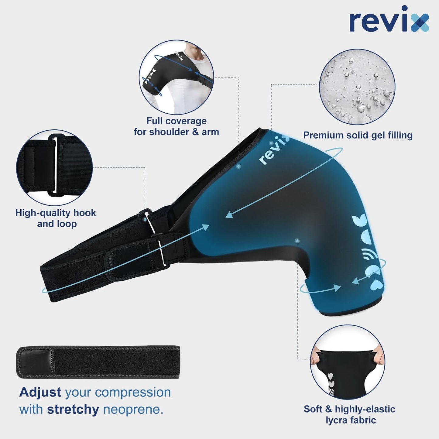 REVIX XL Shoulder Ice Pack for Rotator Cuff and Arm, Reusable Large Cold Gel Wrap with Compression, Quick-On & Quick-Off Design, Flexible Fit for Sports Recovery, Workout Relief, and Everyday Comfort
