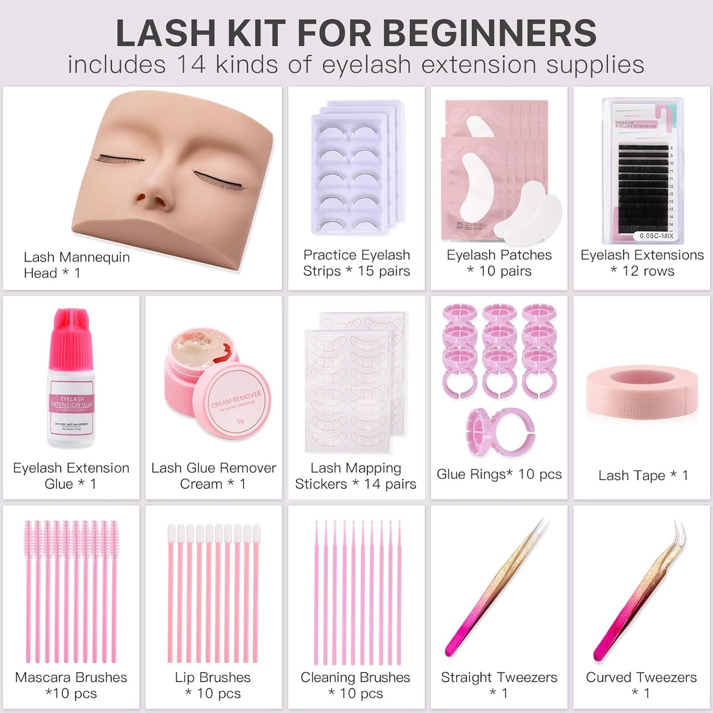 Lash Kit for Beginners, Eyelash Extension Kit with Eye Lash Mannequin Head, Eyelash Extension Glue, Remover Cream, Tweezers for Practice Training