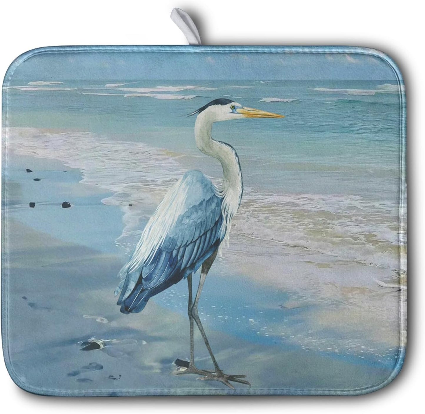 Summer Blue Dish Drying Mat for Kitchen Counter 16x18 Inch Heron Coastal Beach Drying Mats Nautical Ocean Bird Dishes Drainer Mats Microfiber Absorbent Dish Rack Pad