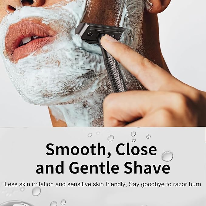 Black Safety Razor, Single Blade Razors for Men, with 10 Double Edge Blades, Long and Heavy Duty Stainless Steel Handle, Reusable Metal Eco-Friendly Razor, Plastic Free, Smooth Shave