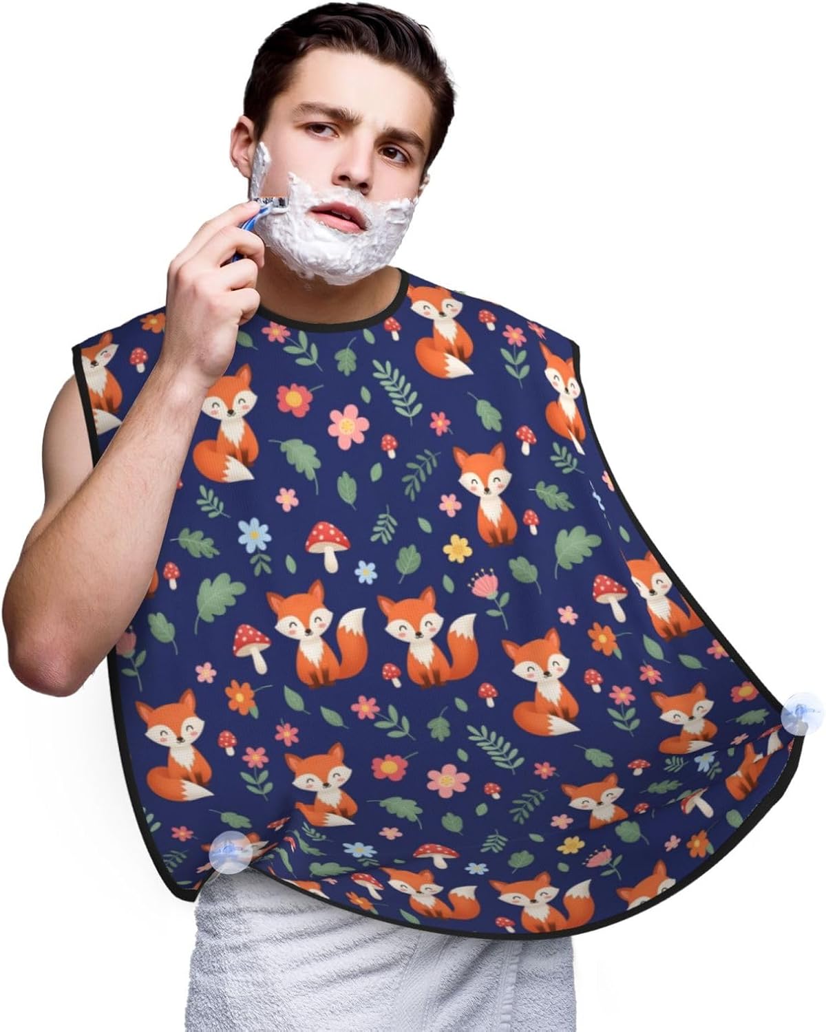 Non-Stick Beard Bib for Shaving, Fall Leaves Flowers Floral Foxes Blue Shave Bib, Waterproof Hair Catcher with Suction Cups, Grooming Apron Men Husband