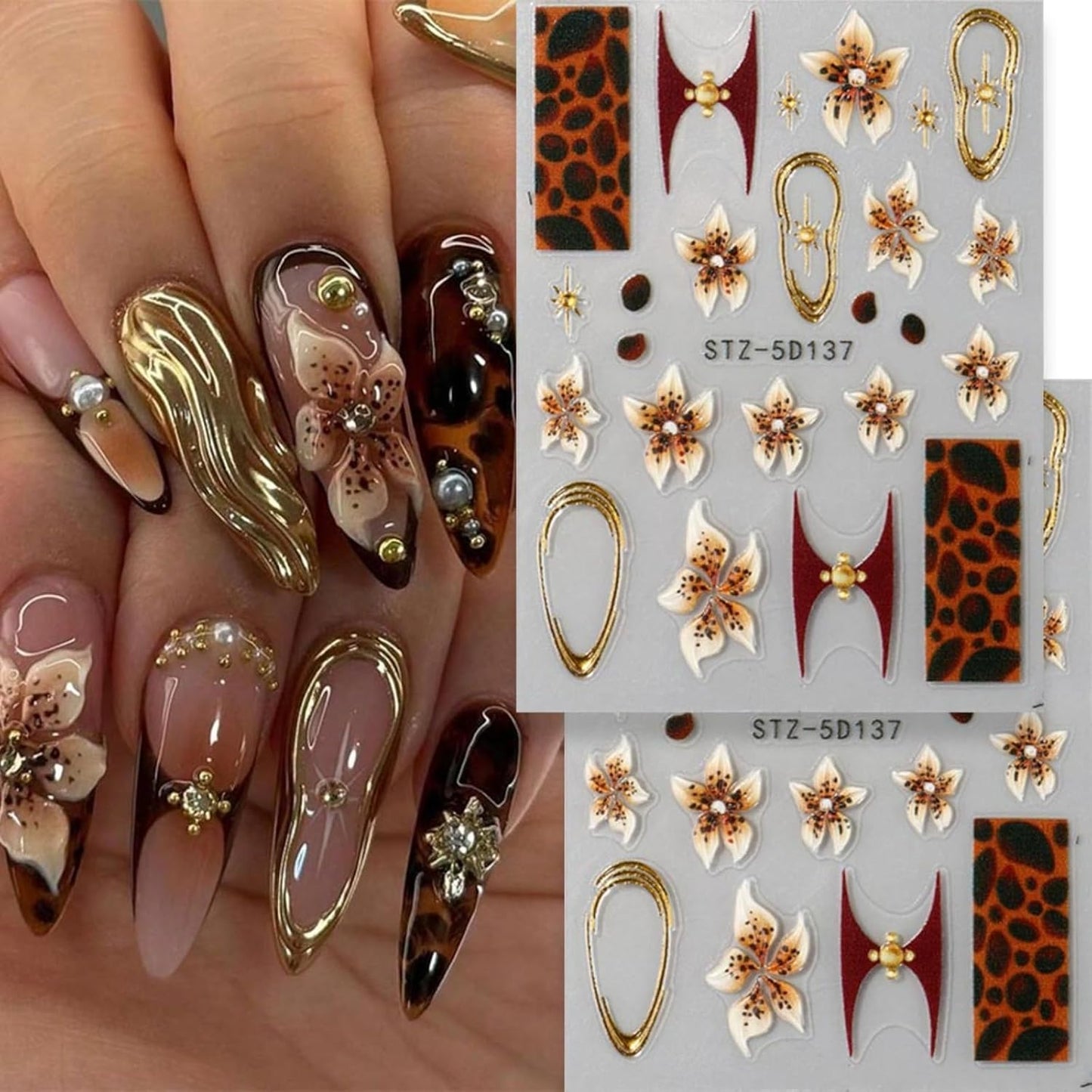 Flower Nail Art Stickers 5D Yellow Brown Flowers Nail Decals 2Pcs Leopard Print Nail Art Supplies Floral Gold Frame Star Autumn Nail Stickers French Sliders for Women Thanksgiving Nail Decorations