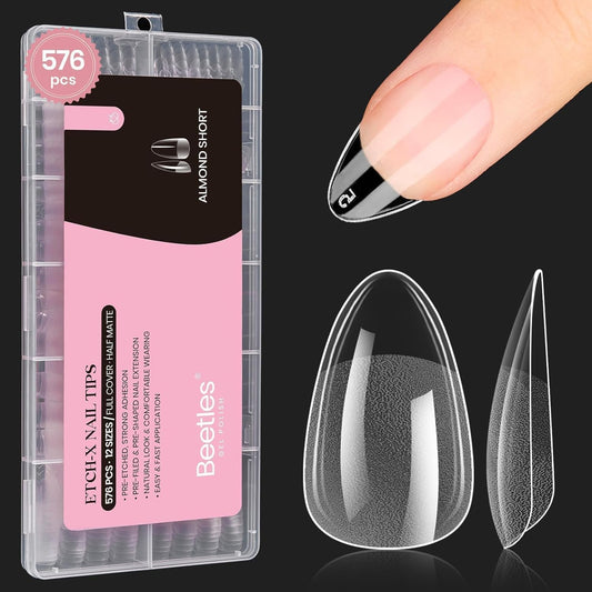 Beetles Gel Nail Tips 576Pcs Pre-shape Short Almond Etch-X Nail Tips,12 Sizes Soft Nail Tips Half Matte False Nails for Fall Nails Full Cover Press On Nail Nail Extensions Set for Women