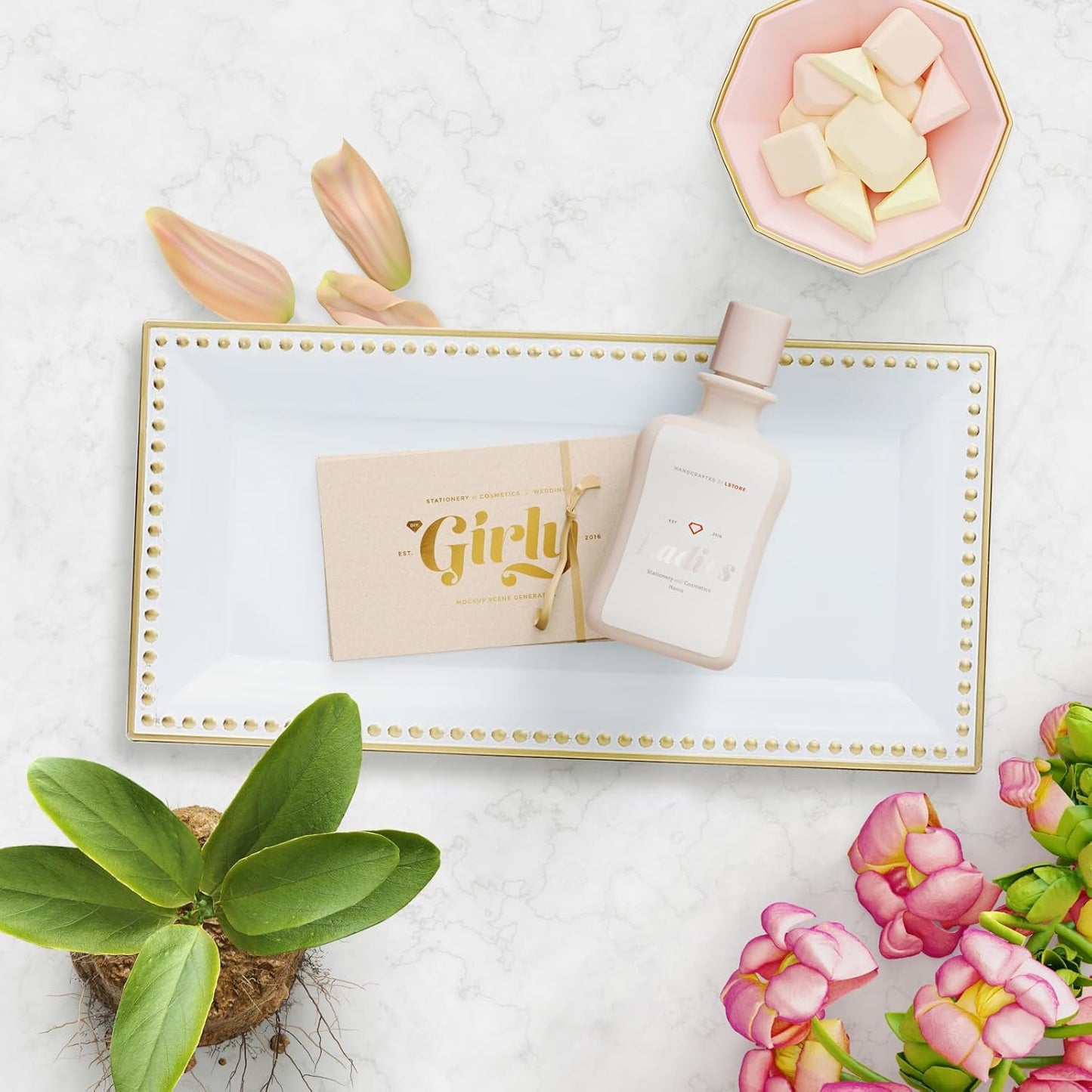 2 Pack White Bathroom Vanity Tray for Countertop with Beads, Small Plastic Toilet Tank Tray Versatile Storage Organization Tray for Makeup, Perfume, Desk, Kitchen, Candles, 14"x7"x1", 36W