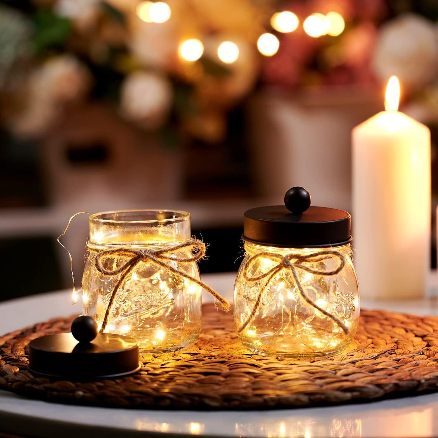 SheeChung 2 Pack Small Mason Jars Qtip Holders, Bathroom Shelf Decor, Guest Bathroom Decor for Cotton Balls, Floss Pick, Cotton Round Pads - Bronze