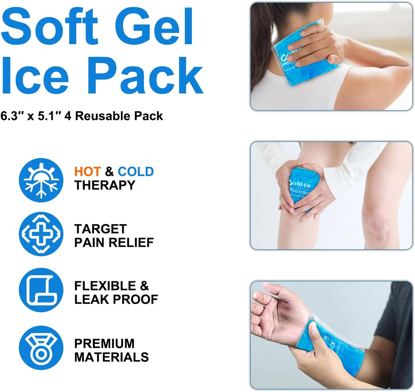 Reusable Gel Ice Packs (4 Pack) - Hot Cold Pack for Injuries, Pain Relief, Migraines - Gel Ice Pack Cold Compress for Back, Neck, Foot and Wrist - Flexible Cold Packs for Injuries - 5.1" x 6.5"