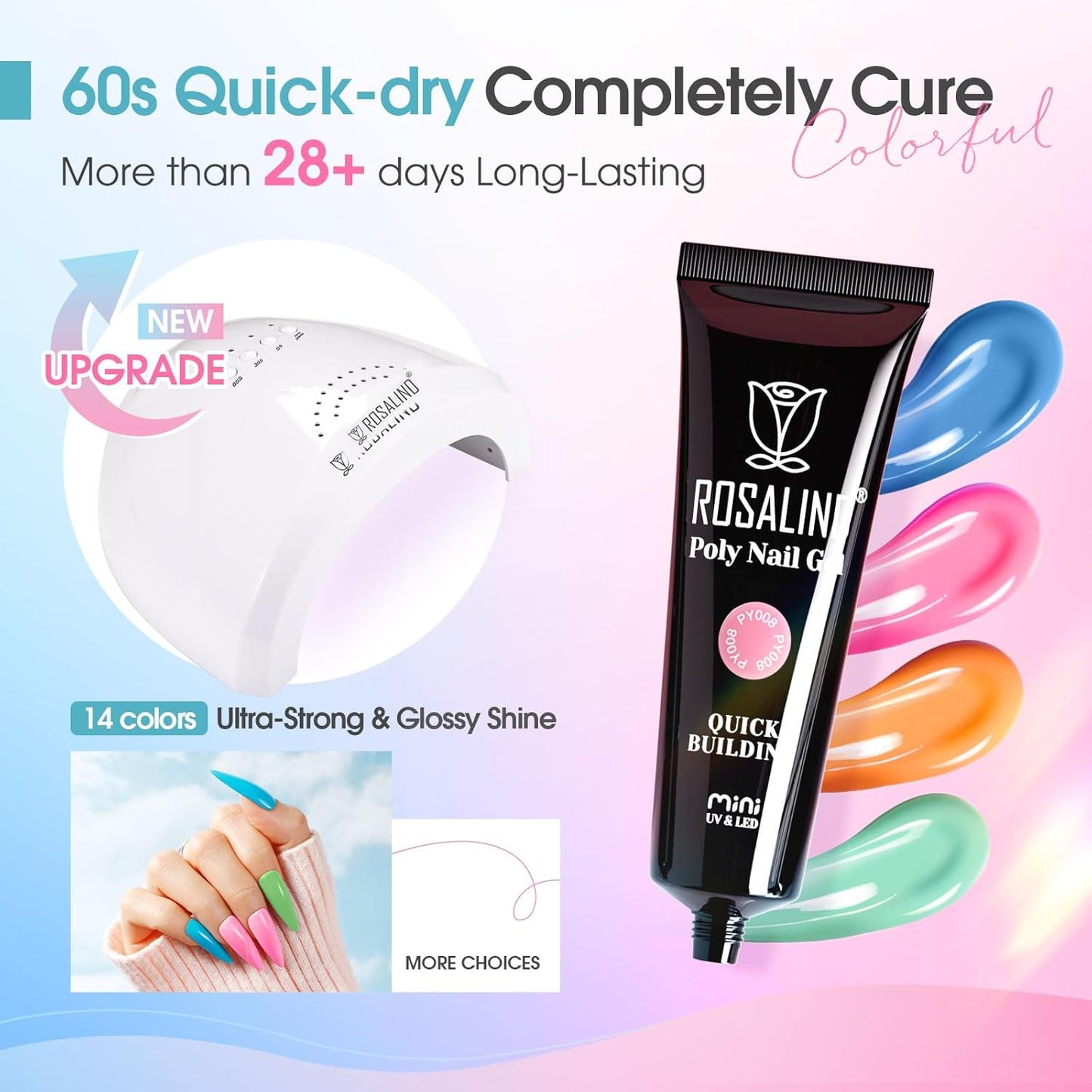 Poly Nail Gel Starter Kit -14 Colors + 75 Nail Art Accessories Kit, ROSALIND Neon Poly Extension Gel with Big UV Light 48W and Electric Nail Drill Starter Kit with Everything