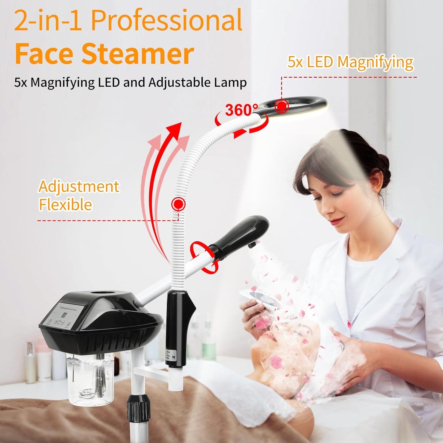 Professional Facial Steamer, 2 in 1 Facial Steamer on Wheels with 5X Magnifying Lamp, Steamer for Face Adjustable Height, Steamer for Facial for Salon, Spa and at Home Use