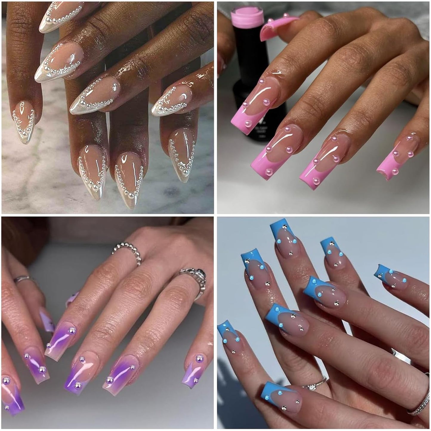 Nail Art Pearls with Glue Gel Flatback Pink Purple 4 Colors Nail Charms Pearls Mixed Size 0.03-0.18in Nails Gems Pearl Accessories for Women Nails Design Decoration