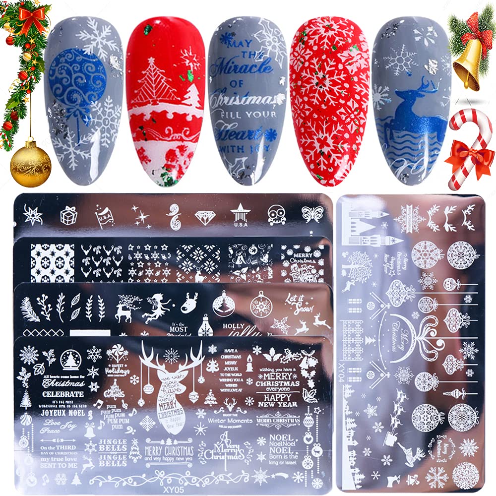 Christmas Nail Stamping Plates, 5Pcs Christmas Nail Stamper Kit Snowflakes Xmas Tree Bell Snowman Elk Nail Art Stencils Plates Winter Nail Stamp Kit Manicure Template Design Tool