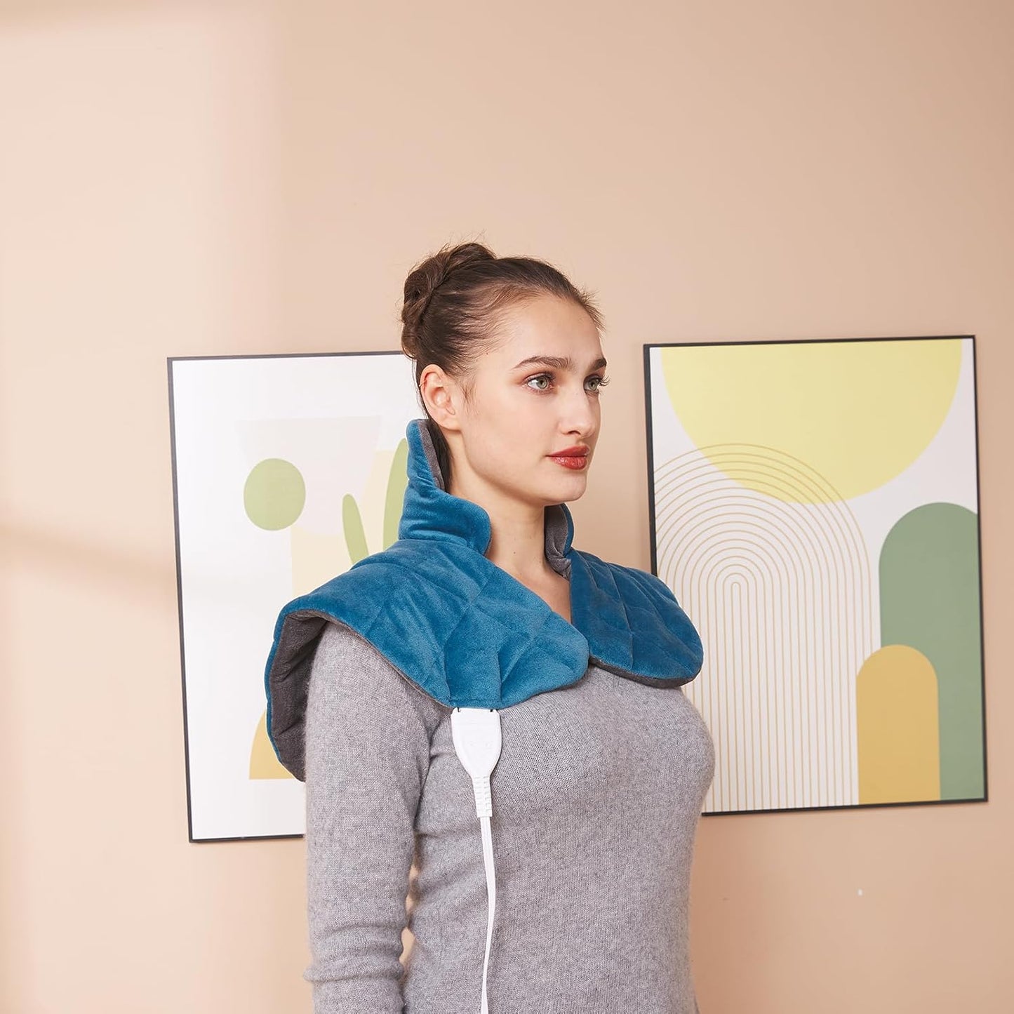 Ambershine 19''x24'' Weighted Neck & Shoulder Heating Pad, 2.5lbs with 12 Temperature Settings& 4 Auto-Off Timers, Pain Relief for Neck/Shoulder/Back, Christmas Gifts for Women Men Mom Dad (Gray&Blue)