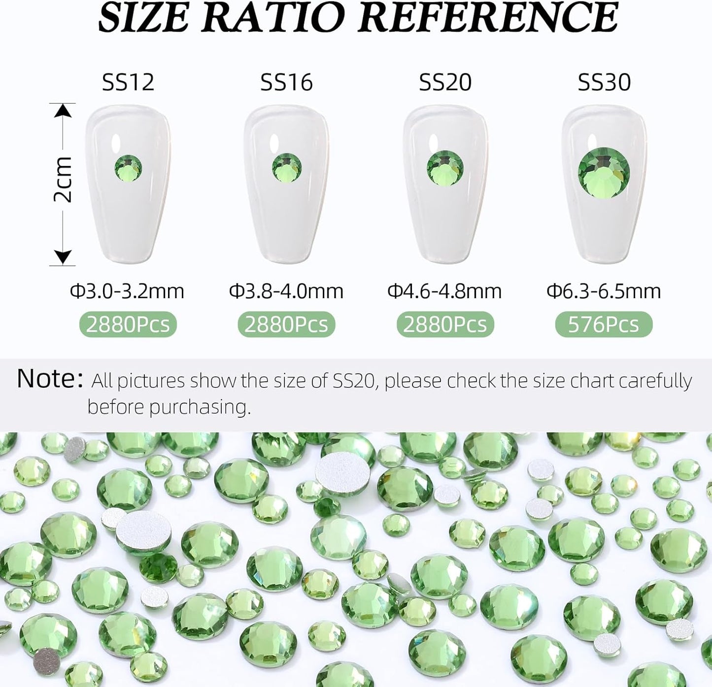 Light Green Flatback Rhinestones, Glass Rhinestones for Nail Art and Craft, Glue Fix, Loose Crystal Gemstones(Lt.Green, SS30, 576pcs, 6.4-6.6mm)