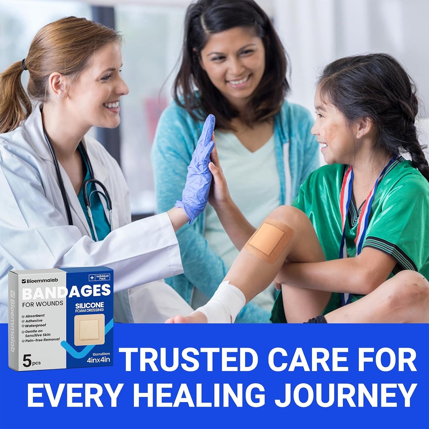 Large Waterproof Bandages 4X4 Silicone Foam Dressing for Sensitive Skin Wound Care, Adhesive Cohesive Pad with Border for First Aid, Post Surgical and Burn, Pressure, Scar Healing (5 PCS)