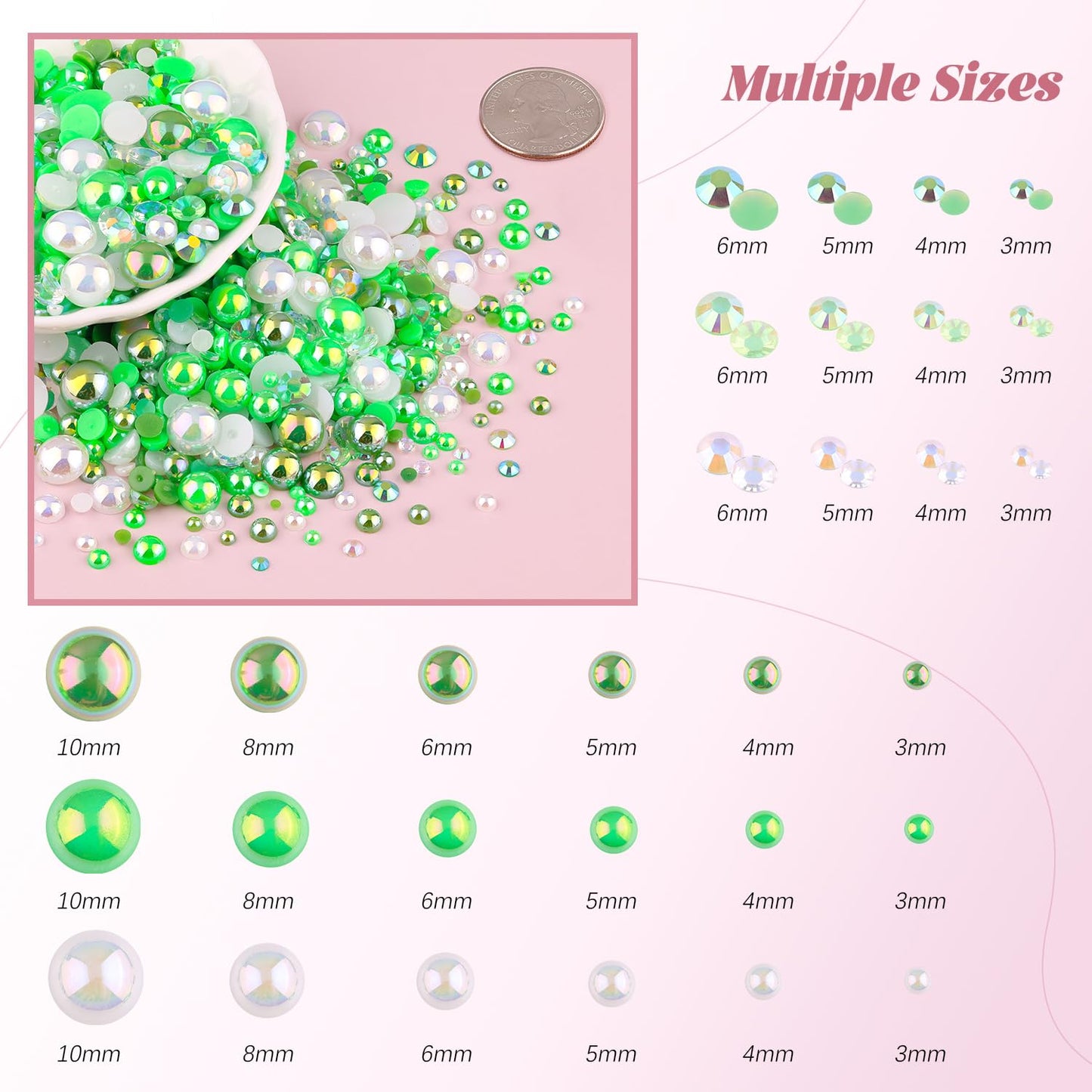 80g Flatback Pearls and Rhinestones for Crafting, Green Mixed Size 3-10mm Resin Rhinestones and Half Pearls for Bedazzling, Nail Art and Decoration with Tweezer and Pickup Pencil
