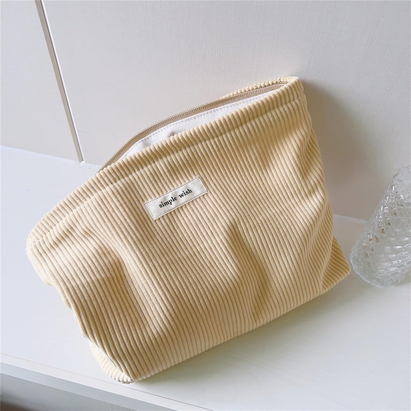 Wudygirl Makeup Bag Large Capacity Cosmetic Bag Travel Makeup Pouch Cute Toiletry Bag for Women Makeup Bag Organizer Handbags Purses Zipper Pouch Corduroy (Light Yellow)