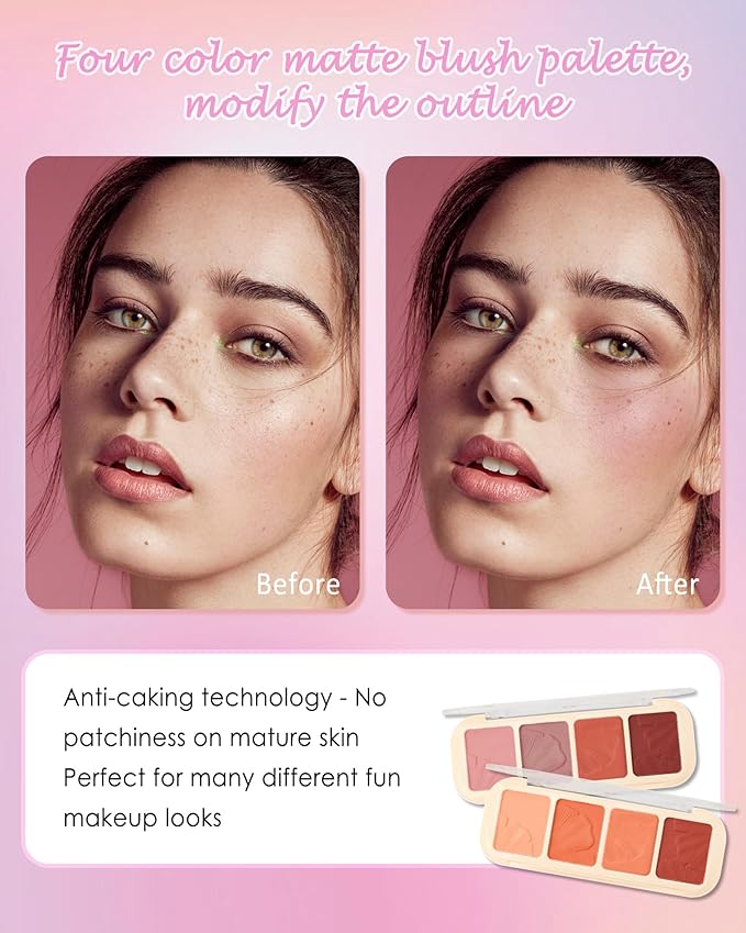 Matte Face Blush Palette Kit with Brush-4 Colors Pink Purple Orange Silky Mineral Blendable Blusher Contour Powder for Cheeks,Longlasting Professional Facial Beauty Makeup Gift for Women Girl-Set 02