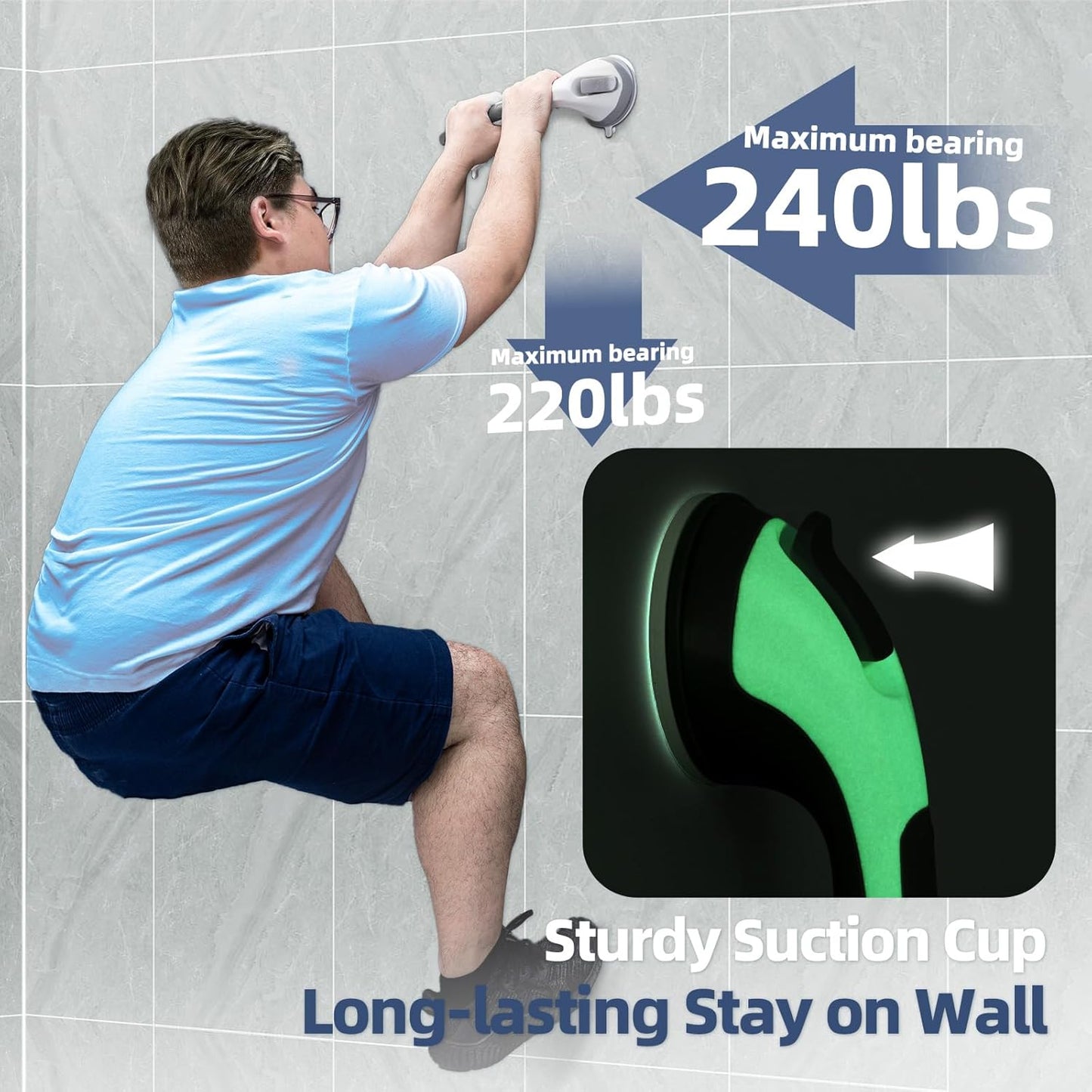 Grab Bars for Bathtubs and Showers Glow in The Dark, 17 inch Suction Grab Bar, Shower Handle Safety Grip Handrail for Seniors and Elderly, Removable Waterproof No Drilling, Grey