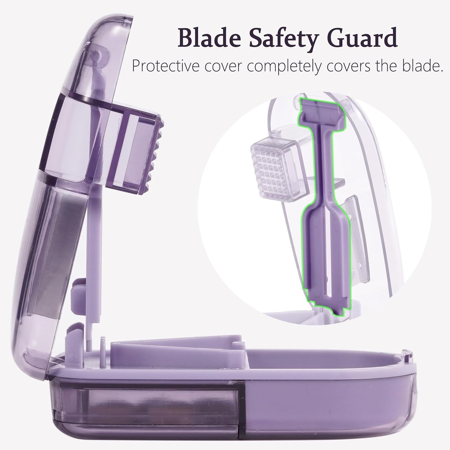 Pill Cutter Splitter for Small and Tiny Pills, or Large Pills. V-Shaped Design for Multiple Sizes. Safety Blade Guard. Loss-Proof Built-in Small Brush & Sliding Door Pill Storage (Green)