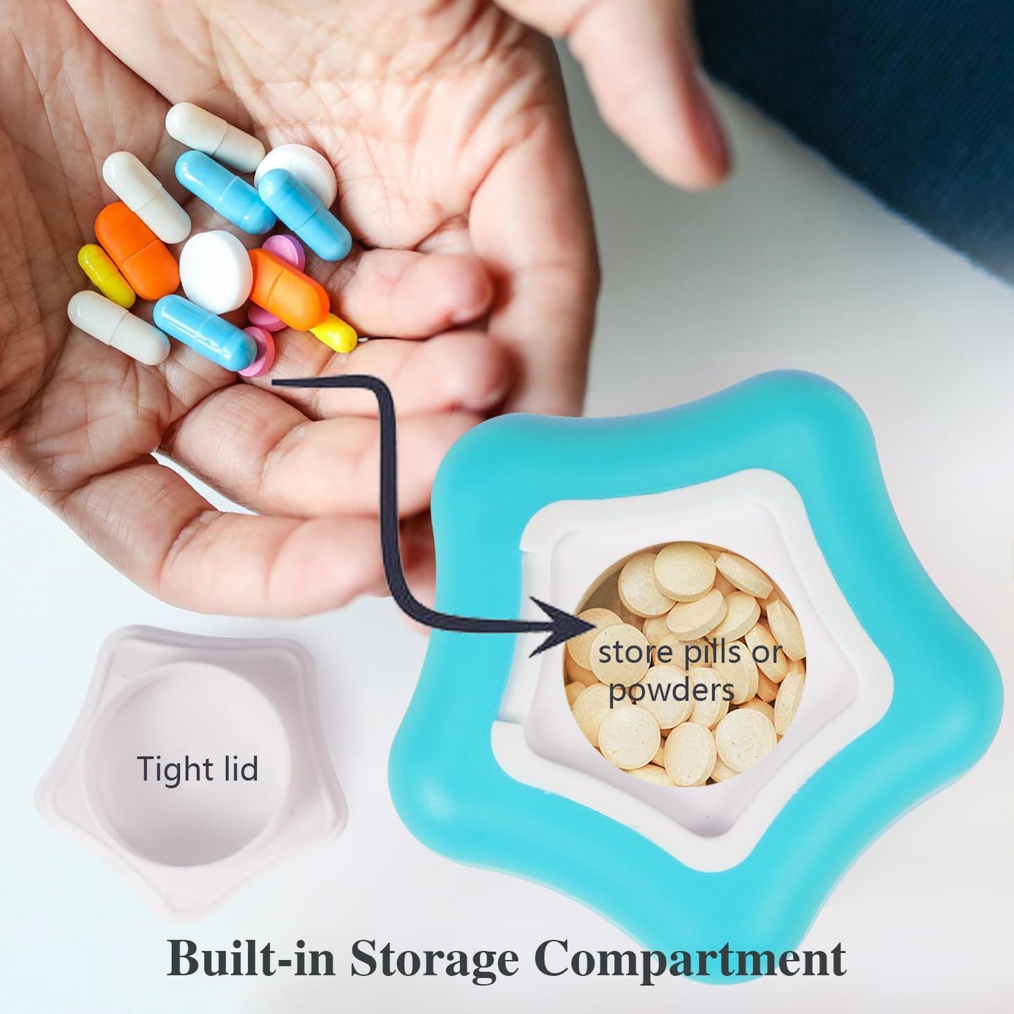 Johnbee Pill Crusher, Pill Grinder Fine Powder Extremely Fine. Storage Compartment. Pill Crushers for Elderly, Family and Pets. Silicone Edges. Grind Multiple Pills at Once - Cleaning Brush (Cyan)
