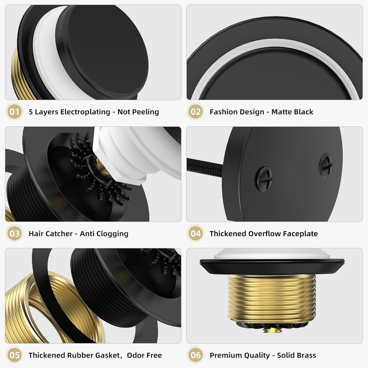 Matte Black Tub Drain Kit with Hair Catcher, Premium Brass Tip-Toe Bathroom Tub Drain Replacement and 2-Hole Overflow Faceplate, 11.5/16 UNC Bathtub Drain Stopper Assembly