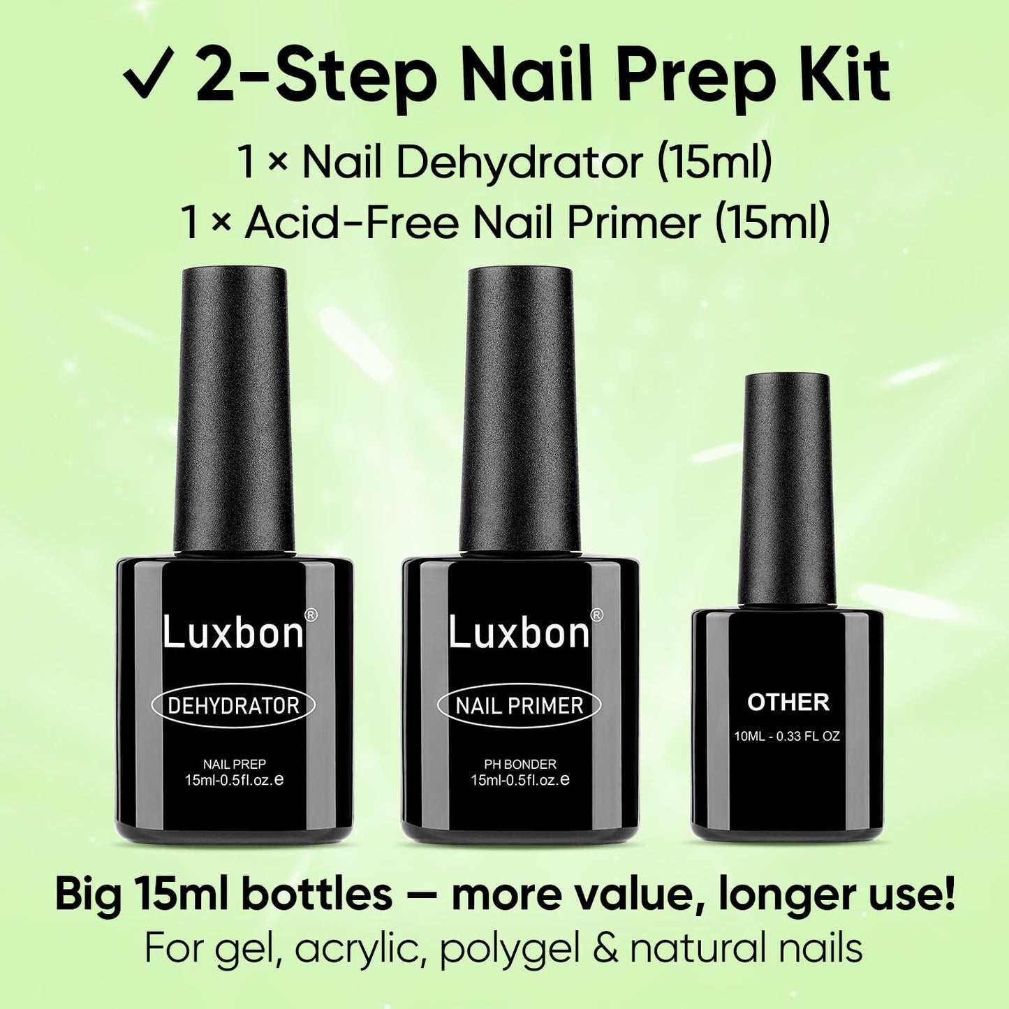 Luxbon 2 Pcs 15ml Nail Primer & Nail Dehydrator Set - Long Lasting, Shine Finish, UV LED Nail Lamp Soak Off Gel Nail Prep Set Manicure