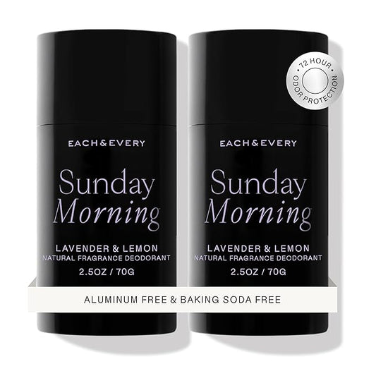 Each & Every Aluminum Free Deodorant for Women & Men, Lavender & Lemon - All Natural Deodorant for Sensitive Skin, EWG Verified - Clean, Baking Soda-Free, Plant-Based Fragrance - 2.5oz, 2 Pack