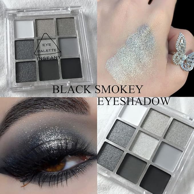 Black Smokey Eyeshadow Palette, 9 Colors Black Silver Gray White Goth Eyeshadow Makeup Palette, Waterproof Cool Toned Matte Glitter Eyeshadow Palette Sombras De Ojos Profesional