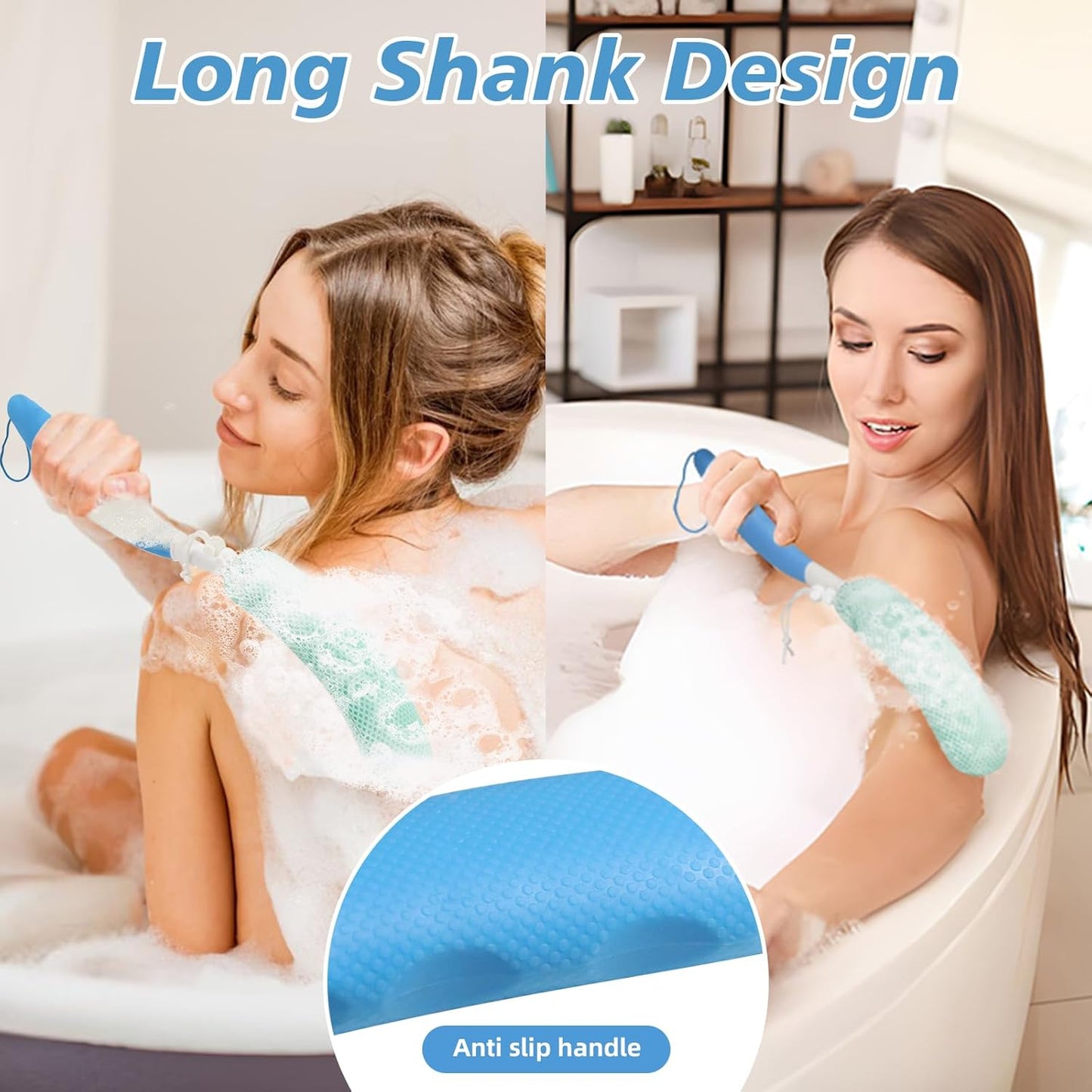 15.35" Back Bath Brush with Sponge,Back Scrubber Bath Mesh with Anti-Slip Curved Long Handle Bath Body Brush for Elderly Aid Bathing and Shower