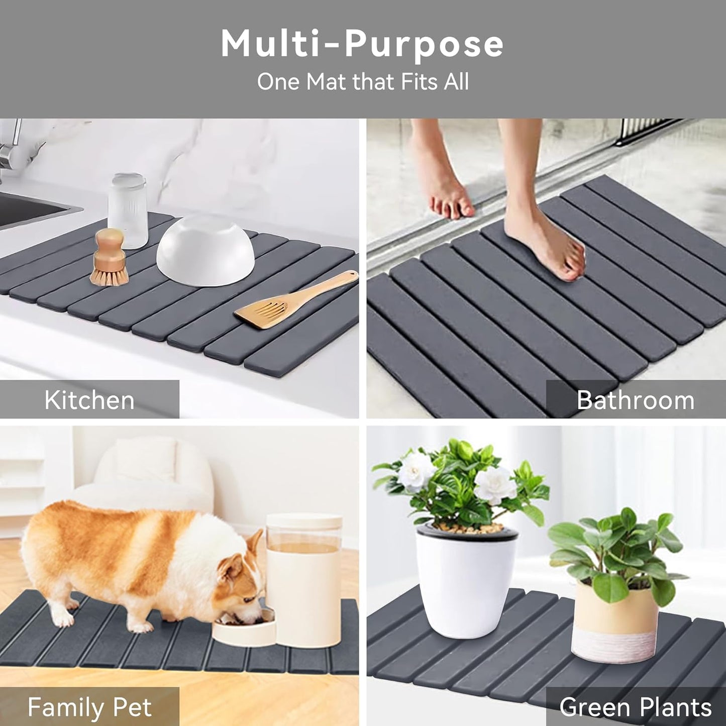 Large Stone Dish Drying Mat for Kitchen Counter, 24" x 16" Drying Board Diatomaceous, Dish Drying Tray for Kitchen, Utensils, Vegetable, Fruits, Bathroom Absorbent Pad, Fast Dry Stone Mat, Dark Gray