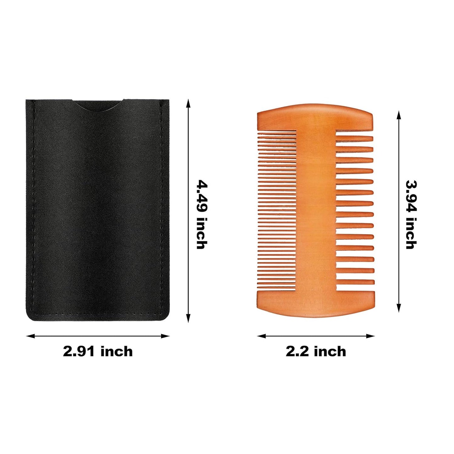 Natural Sandalwood Wooden Dual Action Beard and Mustache Comb Set with Leather Cases for Beards and Mustaches (Black, Yellow, Brown)